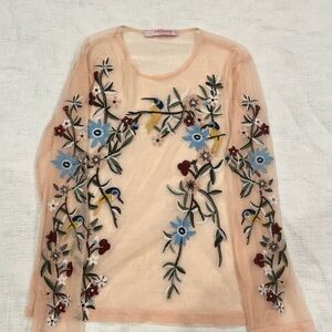 Chicwish Embroidered Sheer Blouse - Peach and Multicolor